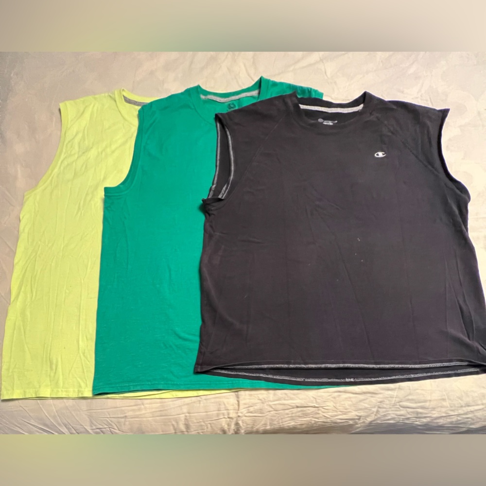 3 cut off tank tops 2 fruit of the loom 1 champion